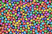 Background from colored lottery balls, top view. 3D rendering