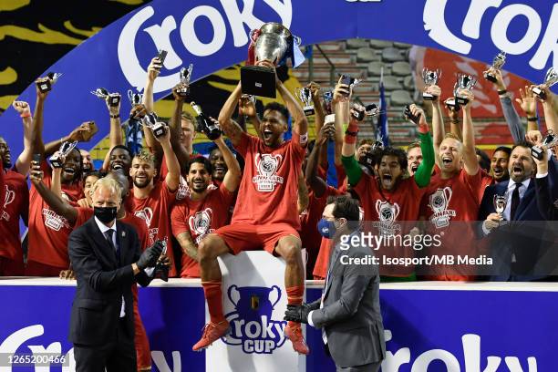 Faris Haroun of Antwerp celebrates with his teammates after winning the Croky Cup final match between Club Brugge and Royal Antwerp FC on August 1,...