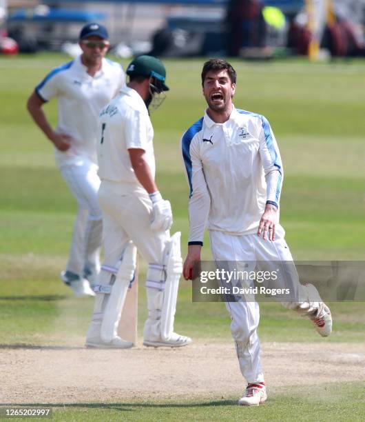 Duanne Olivier of Yorkshire celebrates after taking the wicket of Joe Clorke caught and bowled during day 4 of the Bob Willis Trophy match between...