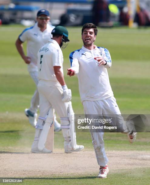 Duanne Olivier of Yorkshire celebrates after taking the wicket of Joe Clorke caught and bowled during day 4 of the Bob Willis Trophy match between...