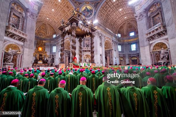 Pope Francis celebrates a closing mass at the end of the Synod of Bishops in St Peter's Basilica at the Vatican.