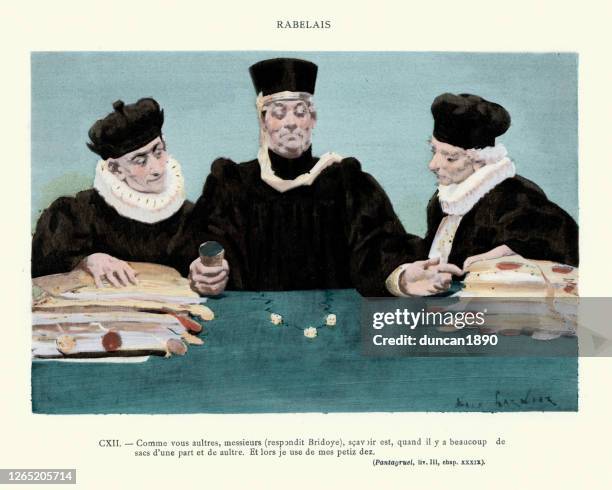 rabelais's pantagruel, judge deciding the law by throwing dice - judge entertainment stock illustrations