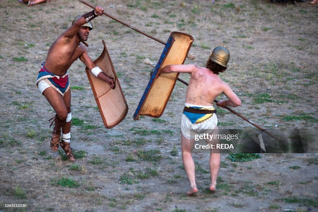 Gladiator fight. Archaeological Park of Paestum. Capaccio. Campania. Italy. Europe