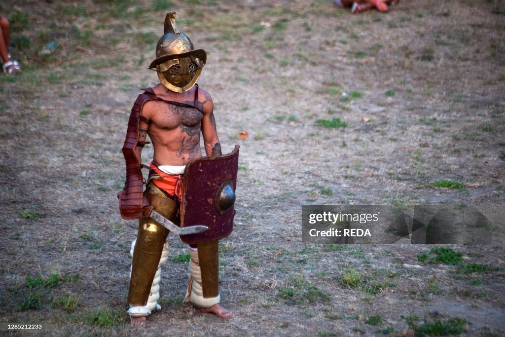 Gladiator fight. Archaeological Park of Paestum. Capaccio. Campania. Italy. Europe