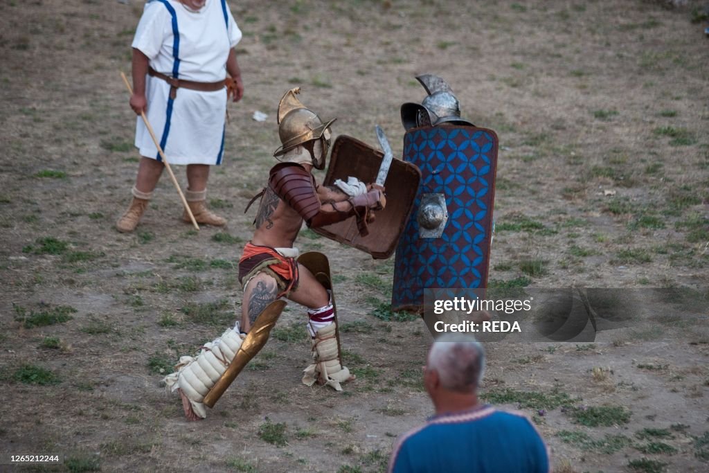 Gladiator fight. Archaeological Park of Paestum. Capaccio. Campania. Italy. Europe