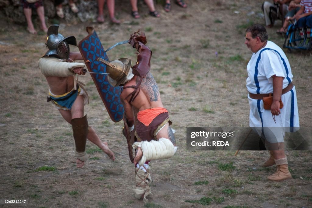 Gladiator fight. Archaeological Park of Paestum. Capaccio. Campania. Italy. Europe
