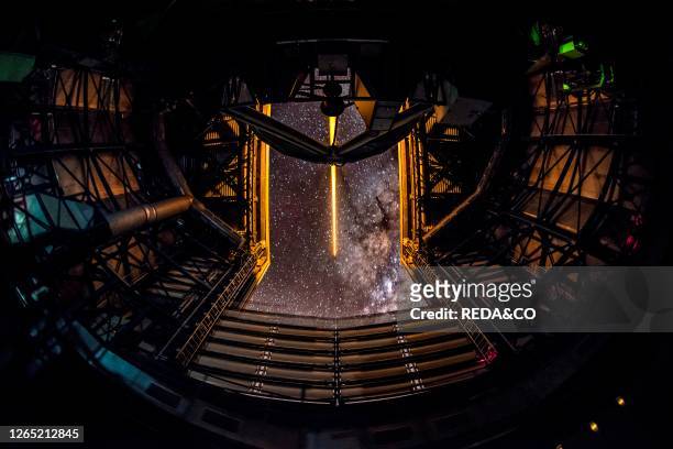 Laser fired inside the UT4 tower at the ESO's observatory of Paranal. Chile. Latino America.