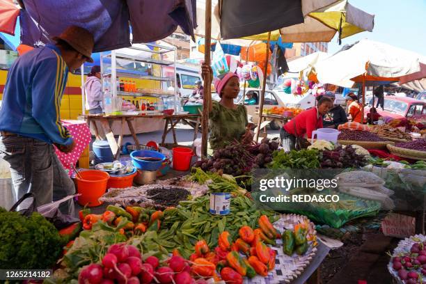 Food market close to Gare Soarano train station. Antananarivo. Madagascar. Africa.