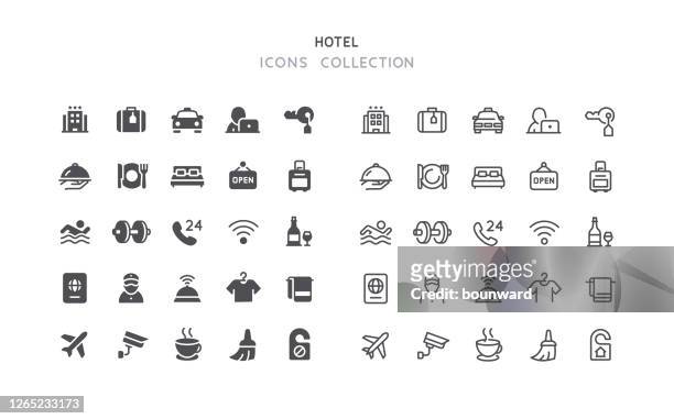 ilustrações de stock, clip art, desenhos animados e ícones de flat & outline hotel reception icons - open suitcase