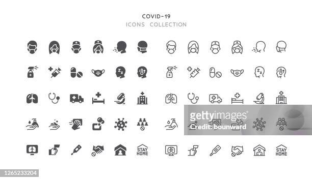 stockillustraties, clipart, cartoons en iconen met flat & outline covid-19 coronavirus virale preventie iconen - pathogen