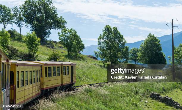 a yellow train on the countryside - pirenéus orientais imagens e fotografias de stock