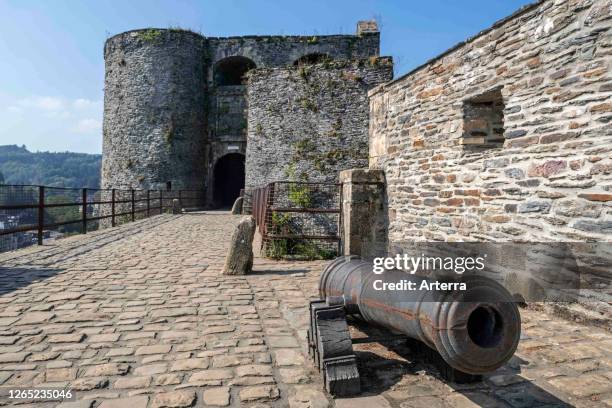 Old cannon at entrance gate of the medieval Chateau de Bouillon Castle, Luxembourg Province, Belgian Ardennes, Belgium.