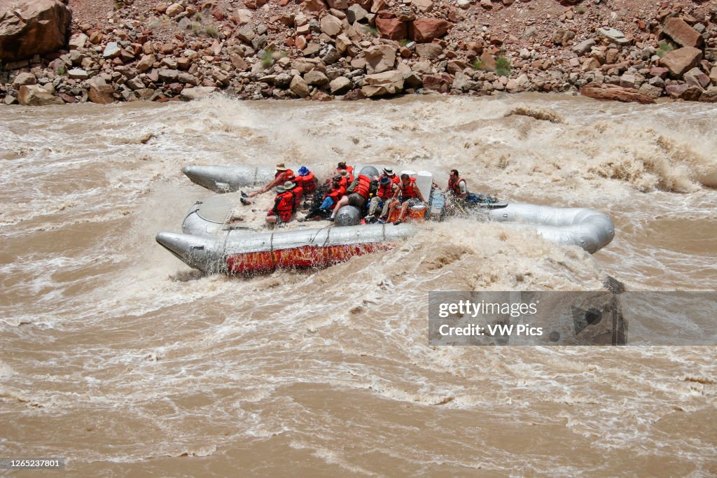 A 33' S-rig raft clears a big hit in Big Drop II, a Class IV rapid, in Cataract Canyon at high water.