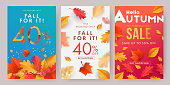 Autumn sale banner, poster or flyer set. Vector illustration with frame of bright beautiful leaves on white, blue and red background.