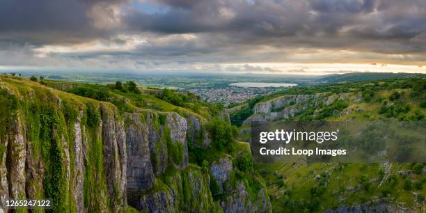 View over Cheddar Gorge and the village of Cheddar on the southern edge of the Mendip Hills in Somerset.