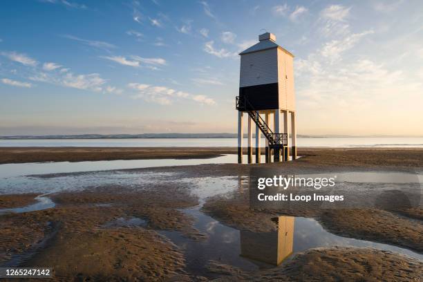 The Low Lighthouse on the beach at Burnham-on-Sea overlooking Bridgwater Bay.