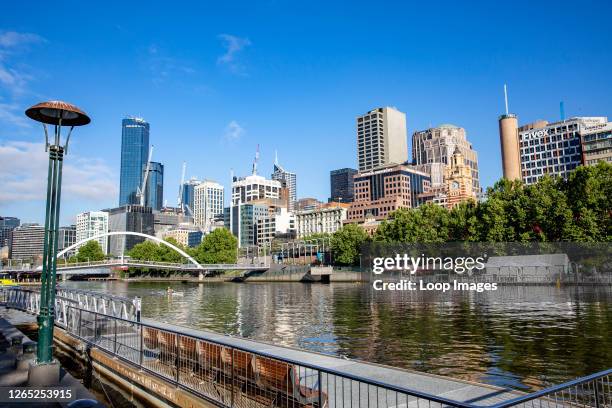 View of the Yarra River flowing through Melbourne city centre in Australia.