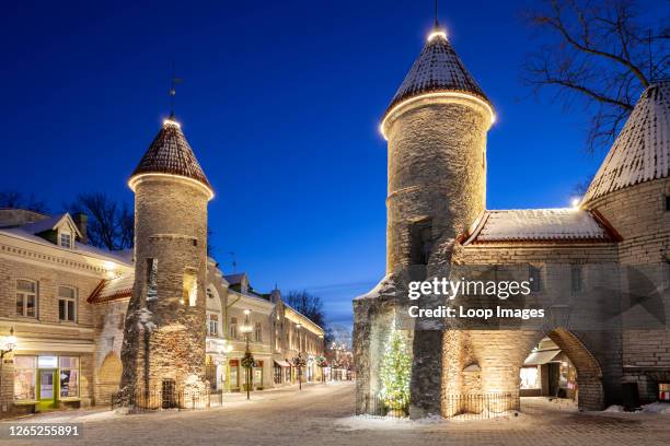 Winter dawn at the city walls of Tallinn.