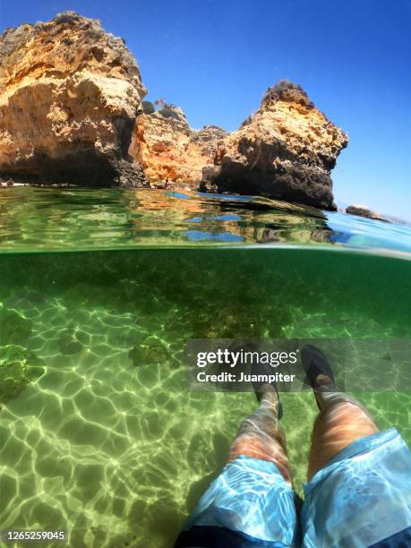 vista de praia camilo por encima y debajo del agua - debajo del agua foto e immagini stock