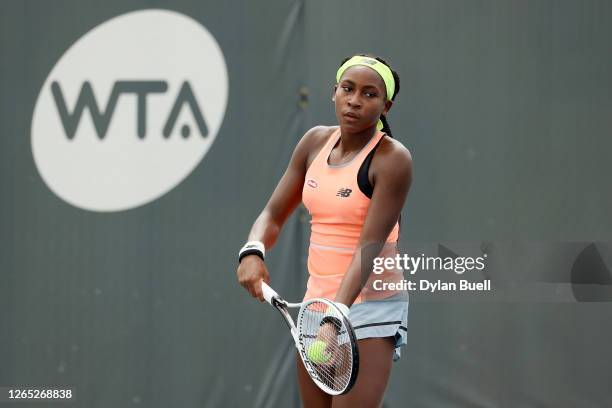 Cori Gauff serves during her match against Caroline Dolehide during Top Seed Open - Day 2 at the Top Seed Tennis Club on August 11, 2020 in...