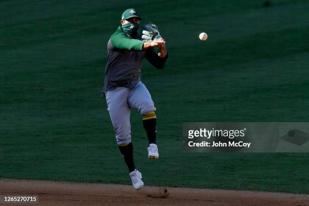 Franklin Barreto of the Oakland Athletics warms up before playing the Los Angeles Angels at Angel Stadium of Anaheim on August 10, 2020 in Anaheim,...