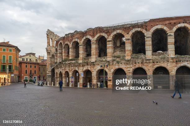 Arena di Verona amphitheater, Piazza Bra square, Christmas Comet Star Sculpture by Rinaldo Olivieri and Alfredo Troisi, World Heritage Site UNESCO,...