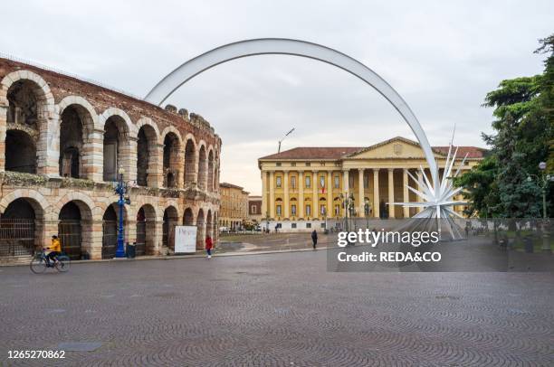 Arena di Verona amphitheater, Piazza Bra square, Christmas Comet Star Sculpture by Rinaldo Olivieri and Alfredo Troisi, , World Heritage Site UNESCO,...