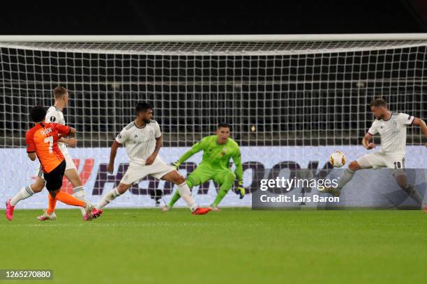 Taison of Shakhtar Donetsk scores his sides second goal during the UEFA Europa League Quarter Final between Shakhtar Donetsk and FC Basel at...