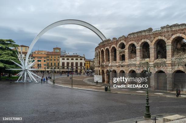 Arena di Verona amphitheater, Piazza Bra square, Christmas Comet Star Sculpture by Rinaldo Olivieri and Alfredo Troisi, , World Heritage Site UNESCO,...