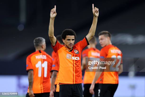 Taison of Shakhtar Donetsk celebrates after scoring his sides second goal during the UEFA Europa League Quarter Final between Shakhtar Donetsk and FC...