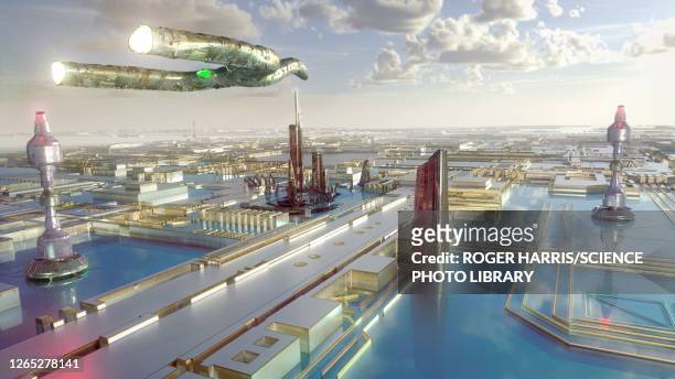 sci-fi cityscape, illustration - futuristic stock illustrations