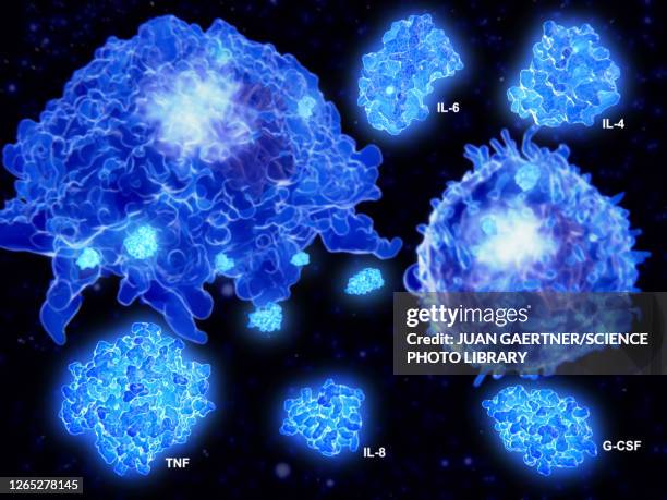 stockillustraties, clipart, cartoons en iconen met cytokine storm, conceptual illustration - macrophage