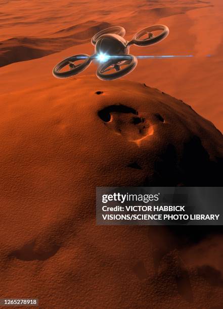 spacecraft flying over mars, illustration - olympus mons mars stock pictures, royalty-free photos & images