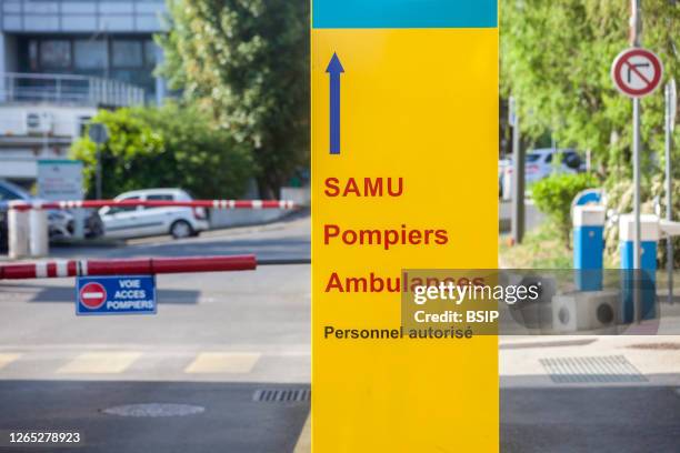 Entrance to the emergency room, fire department, ambulance and authorized personnel of the Andre Gregoire intercommunal hospital center, Montreuil,...