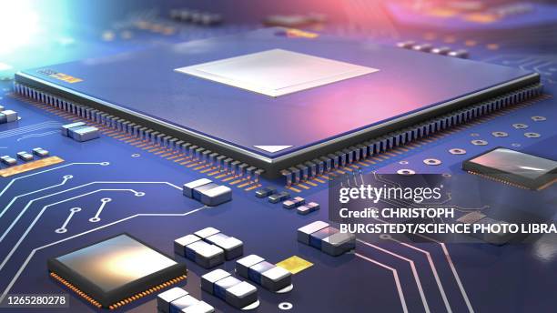 semiconductor processor on circuit board, illustration - semiconductor equipment stock illustrations