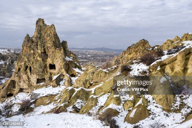 Göreme Open-Air Museum in winter covered with snow in Cappadocia.