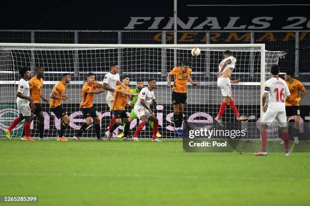 Lucas Ocampos of Sevilla scores his sides first goal during the UEFA Europa League Quarter Final between Wolves and Sevilla at MSV Arena on August...