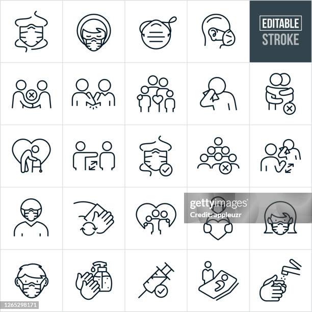 viral illness prevention, social distancing and mask wearing thin line icons - editable stroke - scrubbing up stock illustrations