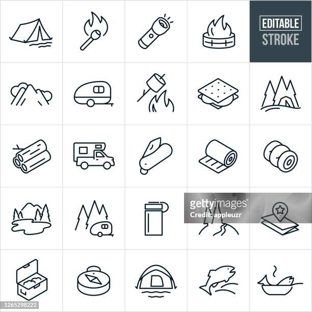 ilustraciones, imágenes clip art, dibujos animados e iconos de stock de camping thin line icons - trazo editable - mountian fire