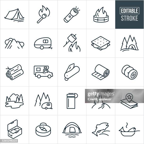 camping thin line icons - editable stroke - camping campfire stock illustrations