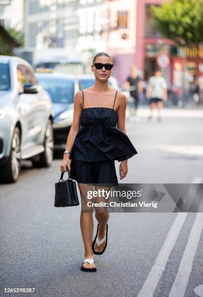 Sophia Roe is seen wearing black dress outside Lovechild 1979 during Copenhagen Fashion Week Spring/Summer 2021 on August 11, 2020 in Copenhagen,...
