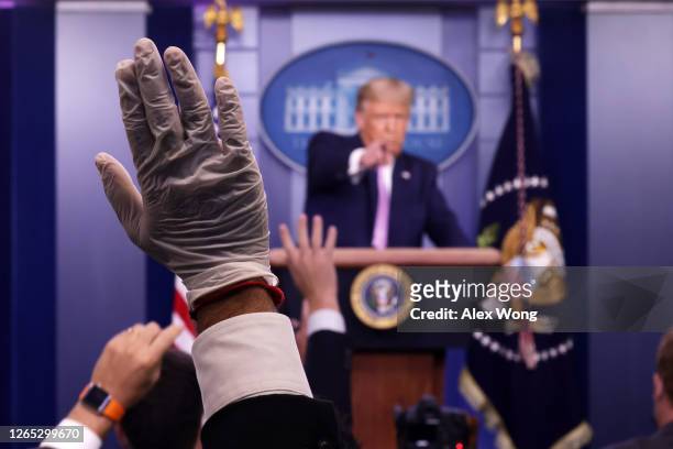 President Donald Trump takes questions during a news conference in the James Brady Press Briefing Room of the White House August 11, 2020 in...