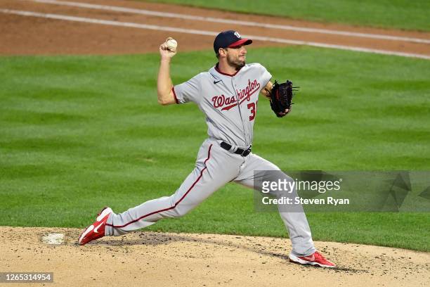 Stephen Strasburg of the Washington Nationals delivers a pitch against the New York Mets during the second inning at Citi Field on August 11, 2020 in...