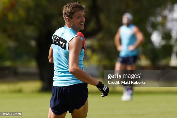 Fergus Greene during a Western Bulldogs AFL training session at Metricon Stadium on August 12, 2020 in Gold Coast, Australia.