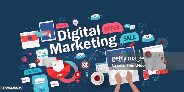 ilustraciones, imágenes clip art, dibujos animados e iconos de stock de concepto de banner de marketing digital - compromiso de clientes