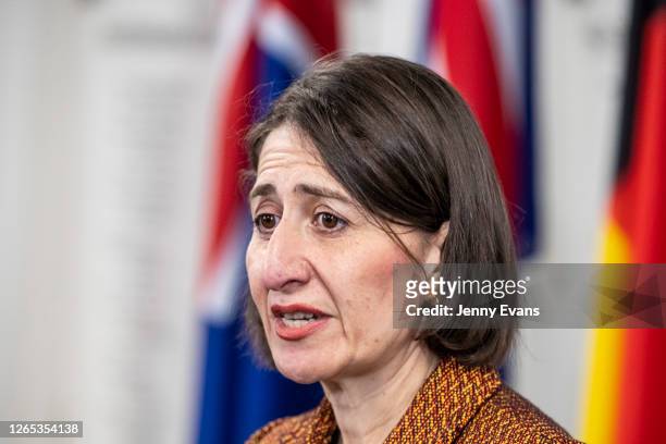 Premier Gladys Berejiklian speaks during a press conference in Homebush on August 12, 2020 in Sydney, Australia. Eighteen new cases of COVID-19 have...