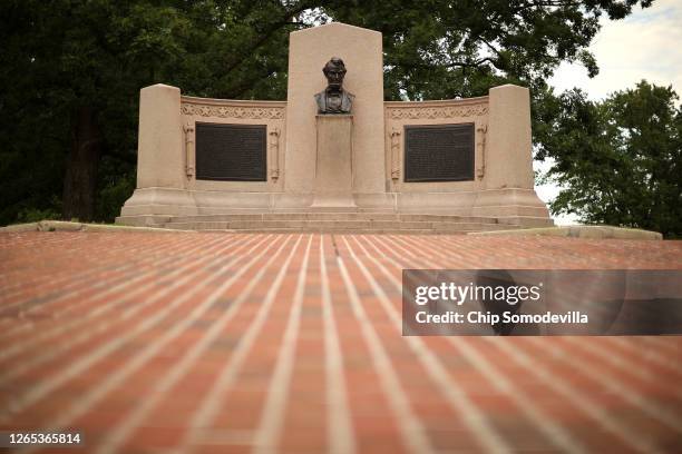 Bust of President Abraham Lincoln is part of the Gettysburg Address Memorial near the gate of the Soldiers' National Cemetery, across the road from...