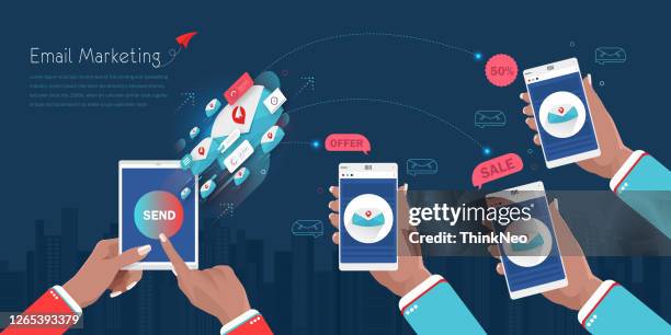 mobile email notification concept. email marketing. landing page template. - pressing send stock illustrations