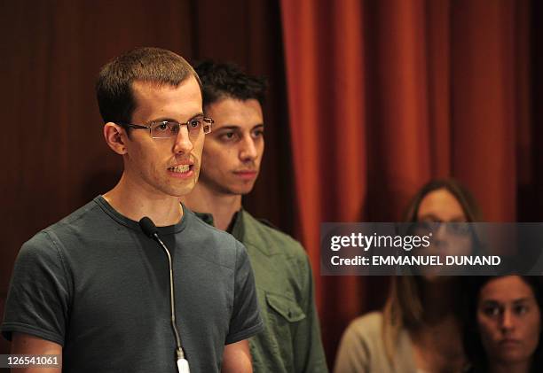 Shane Bauer and Josh Fattal, two US hikers held by Iran for more than two years on spying charges, give a press conference after arriving back in the...