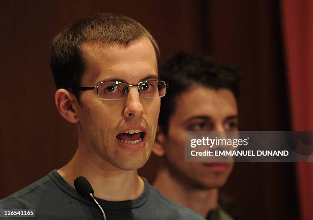 Shane Bauer and Josh Fattal, two US hikers held by Iran for more than two years on spying charges, give a press conference after arriving back in the...